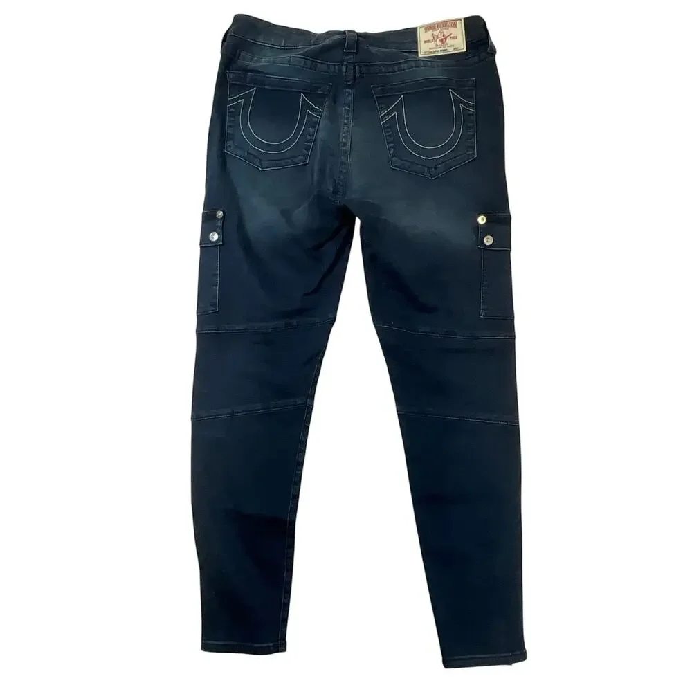 True Religion Men’s 33 Super Skinny Dark Wash Cargo Moto Jeans Zipper Ankle